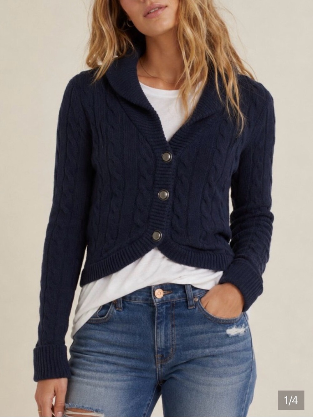 Free People Navy Cable-Knit Shawl-Collar Cardigan